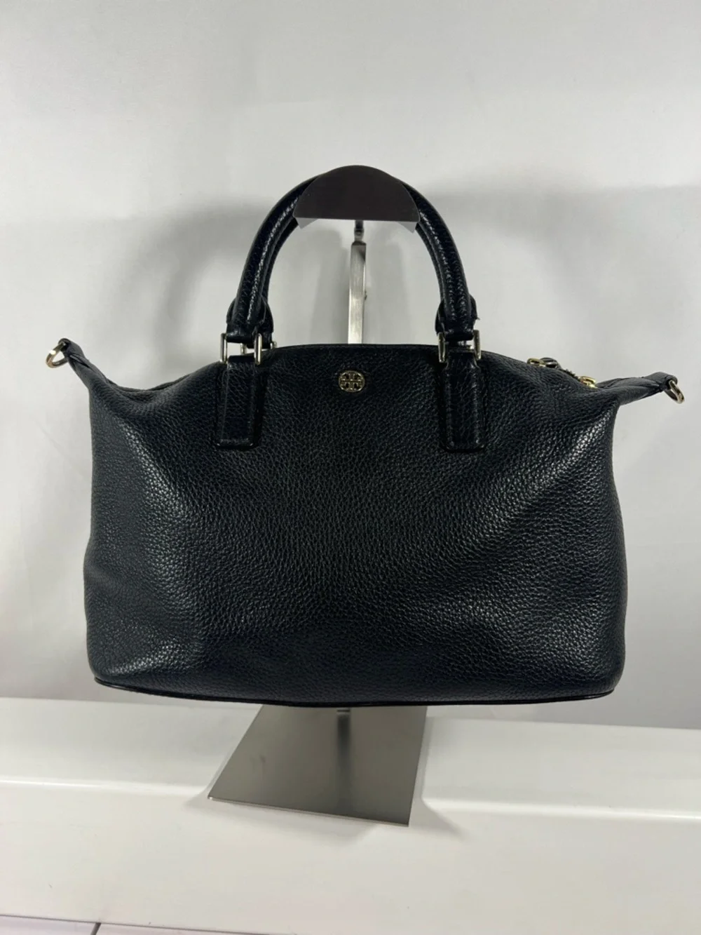 4071: Tory Burch Black Pebbled Leather Satchel Shoulder Bag